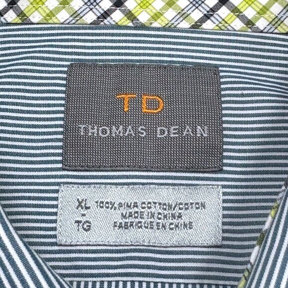 Thomas Dean Blue White Thin Stripe Pima Cotton Flip Cuff LS Shirt - Picture 2 of 9